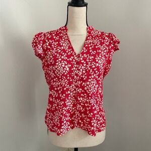 Lush Red Floral Blouse size Small Cream Flutter Sleeve Button Front Bloomcore